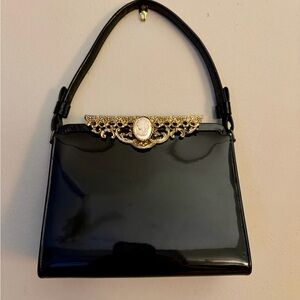 “After Five” Vintage Black Handbag with Gold Accent and Cameo